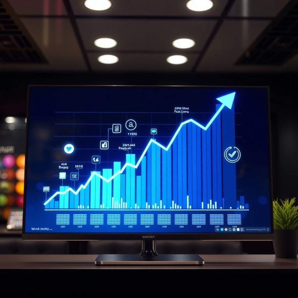 sophisticated data visualization social media growth on sleek monitor, showing sharp upward trend...