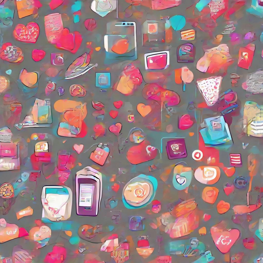 modern smartphone displaying vibrant social media feeds with influencer posts, floating heart ico...