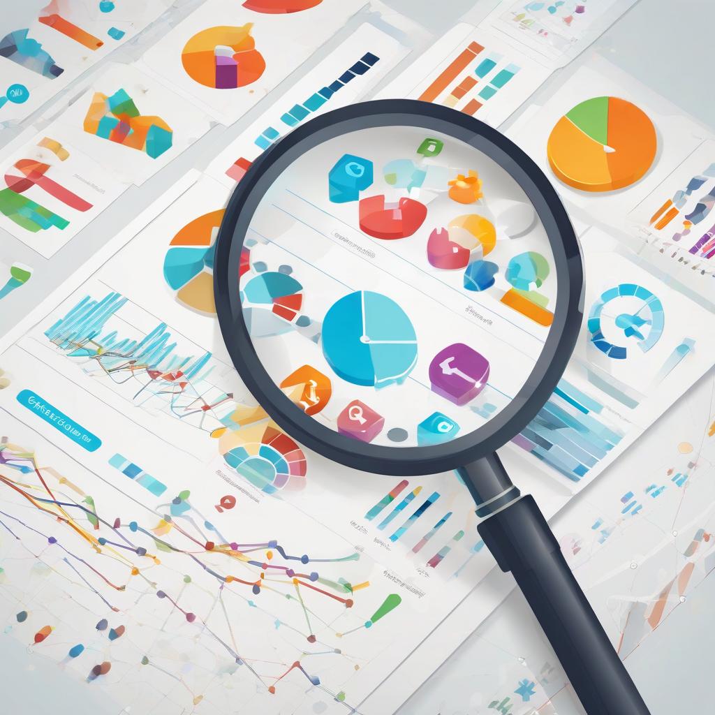 magnifying glass closely examining social media profile analytics, displaying engagement rate gra...