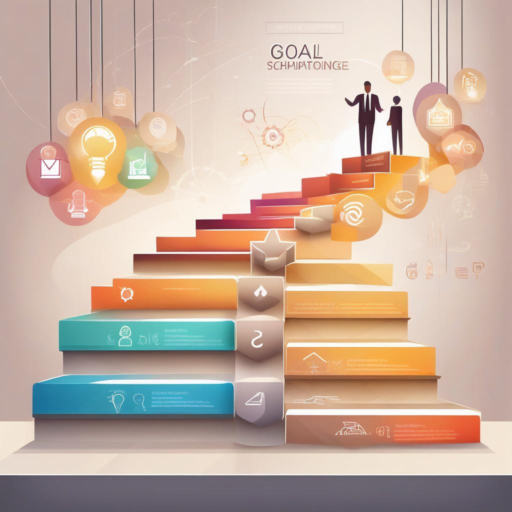 step-by-step ascending staircase with four illuminated stages showing icons for goal setting, out...