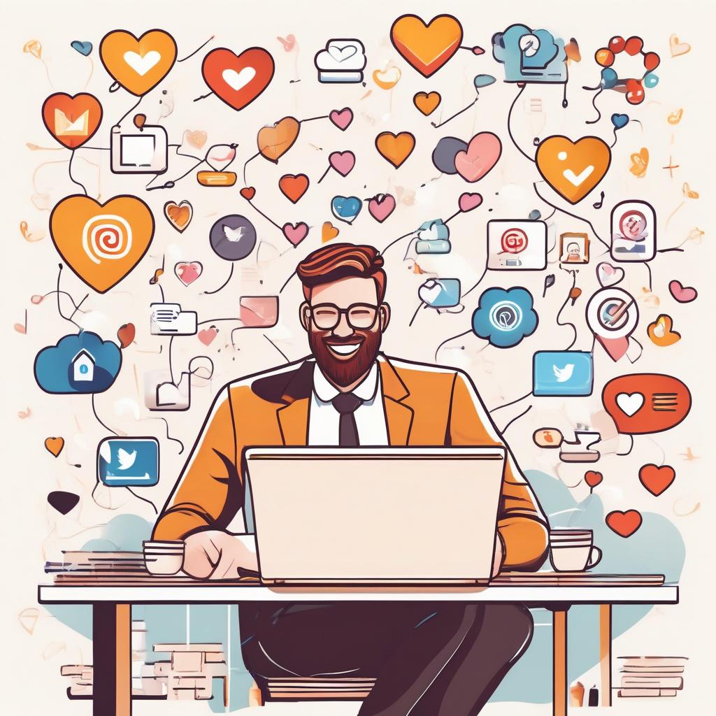 brand manager and influencer collaborating happily with laptop and smartphone, surrounded by floa...