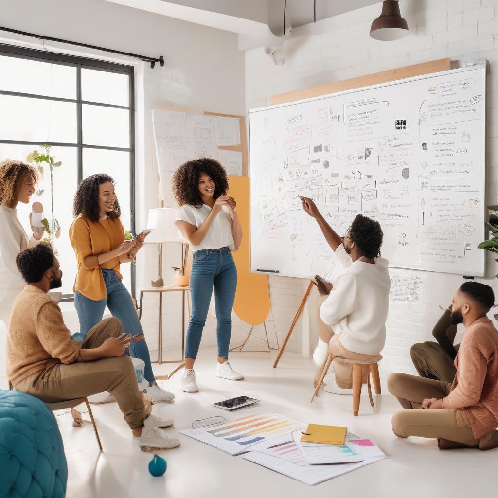 diverse group young creators collaborating and brainstorming content ideas for social media in br...