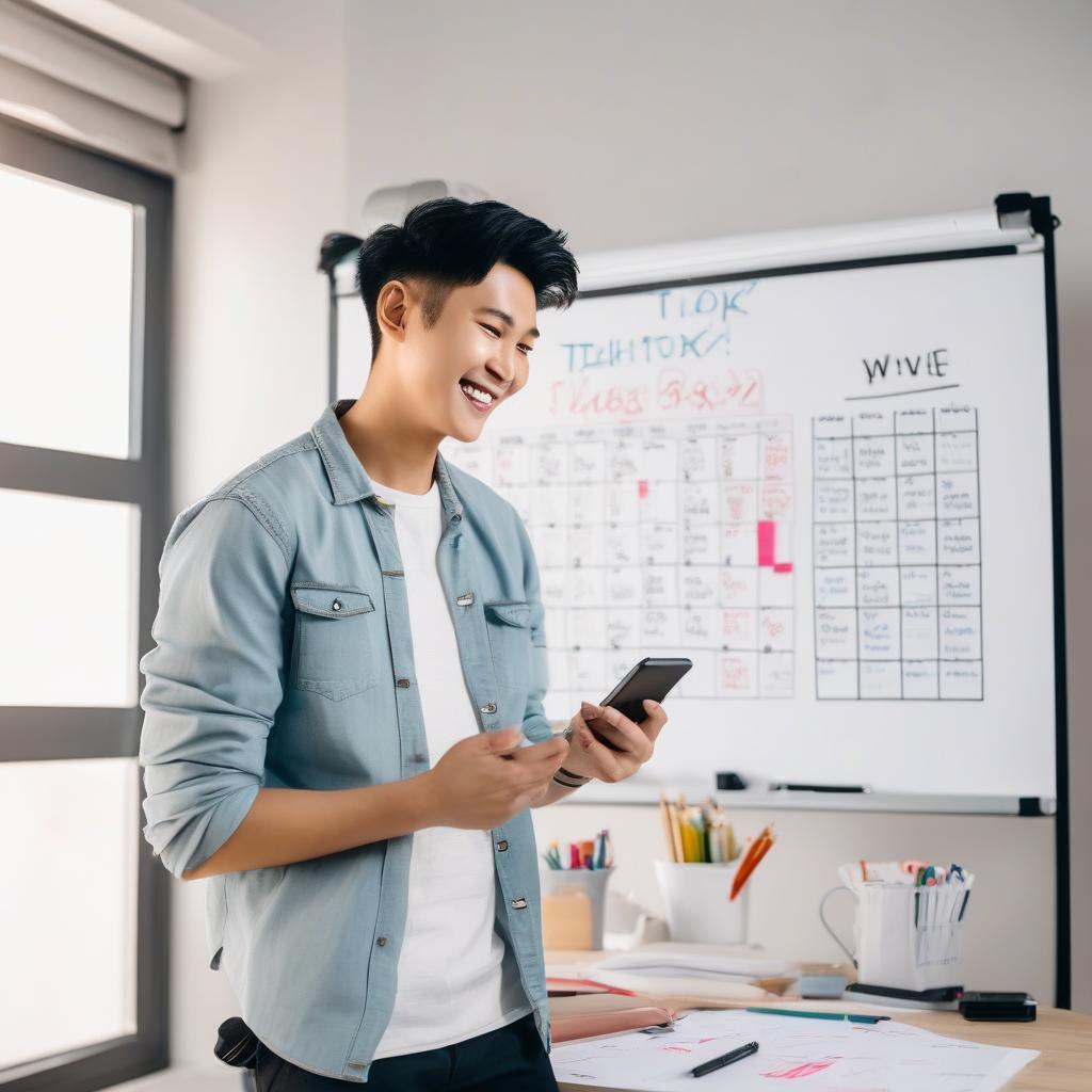 明るいスタジオでTikTokの動画アイデアを練る若いクリエイター。ホワイトボードにはたくさんのアイデアが書かれている。