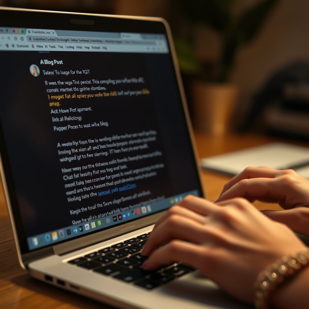 Close-up shot laptop screen showing ChatGPT-like AI generating blog post. woman's hands are on ke...