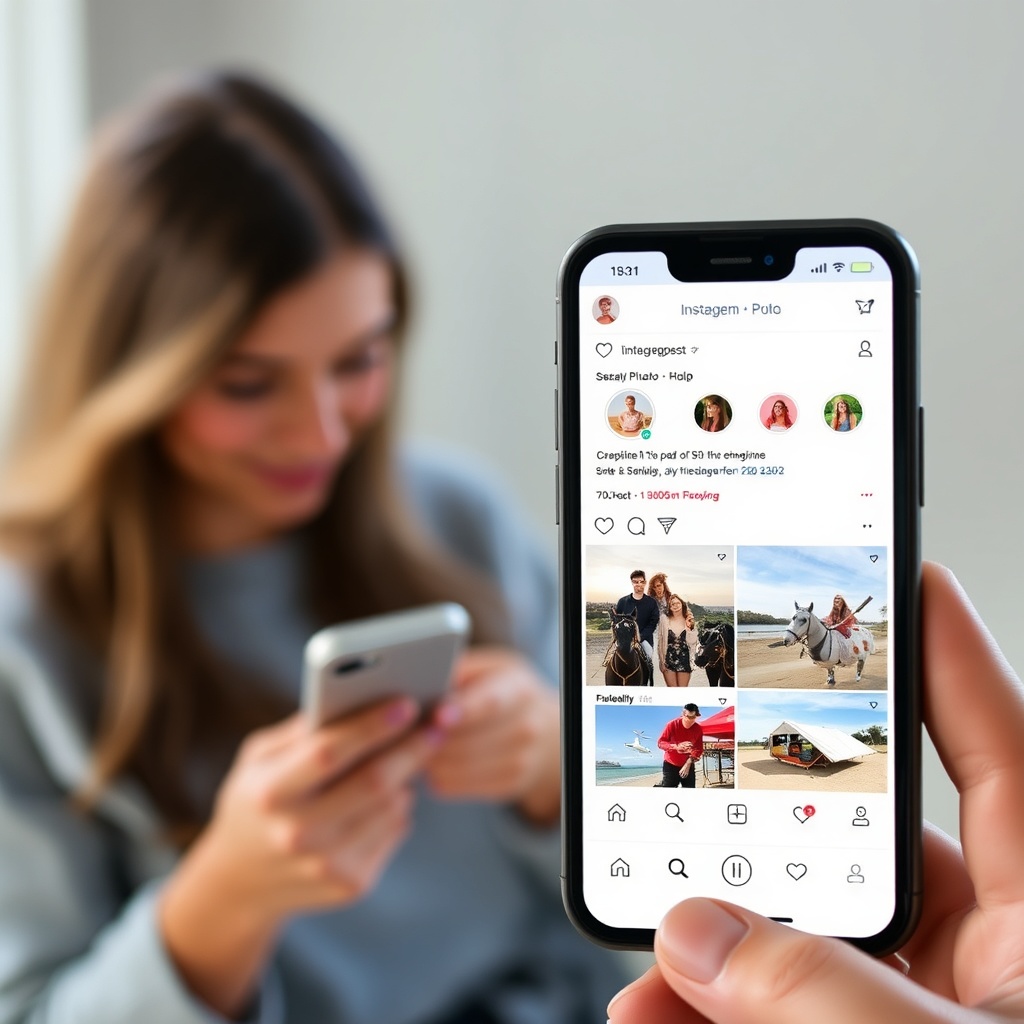 sleek smartphone screen displaying engaging Instagram feed managed by social media assistant. fee...