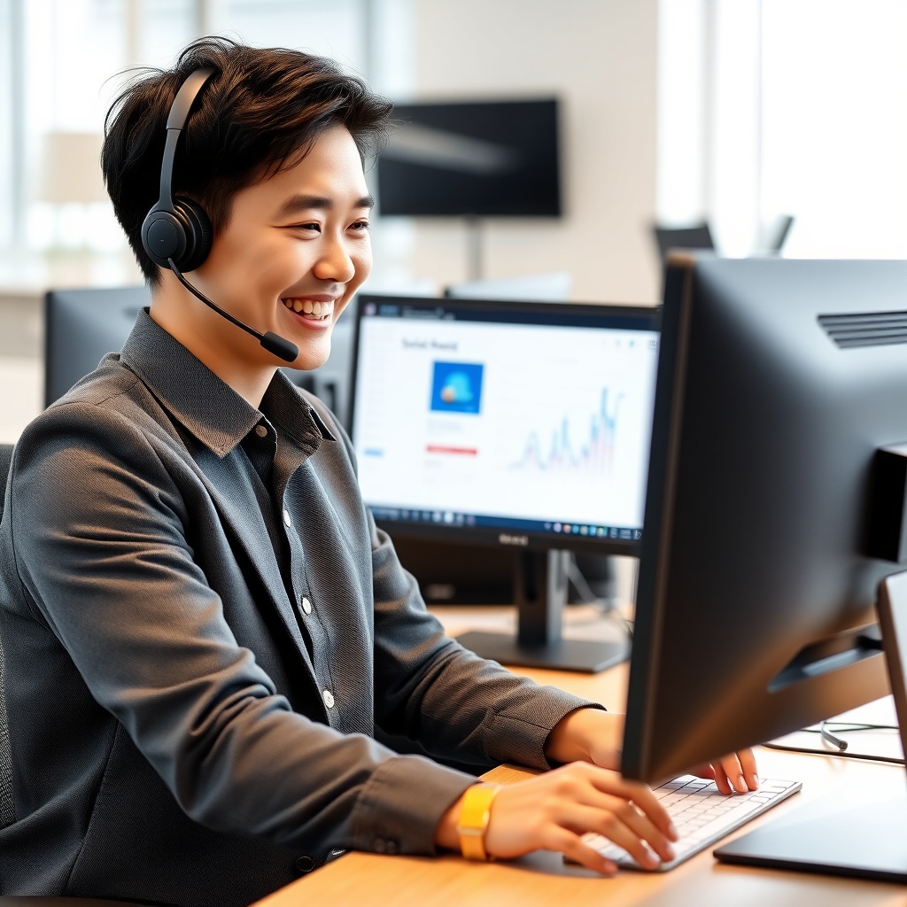 friendly Japanese customer support agent with headset smiling and helping user on computer. scree…