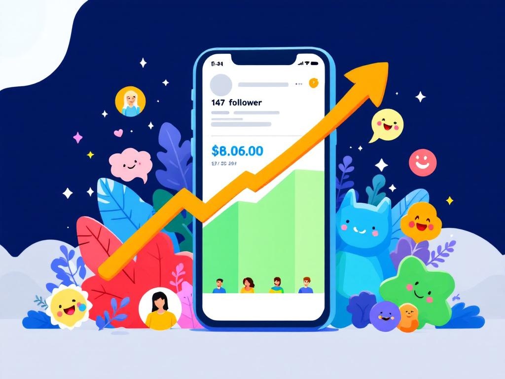 stylized smartphone screen showing social media profile with follower count organically increasin...