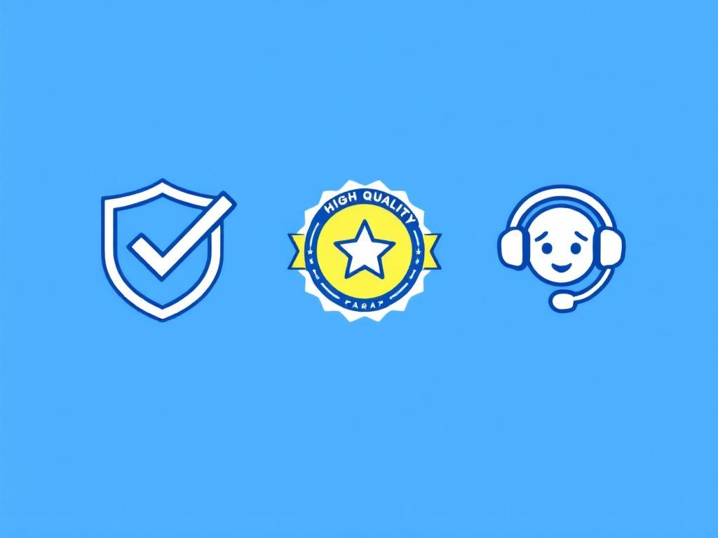 shield icon with checkmark, high-quality badge with star, and friendly customer support headset i...