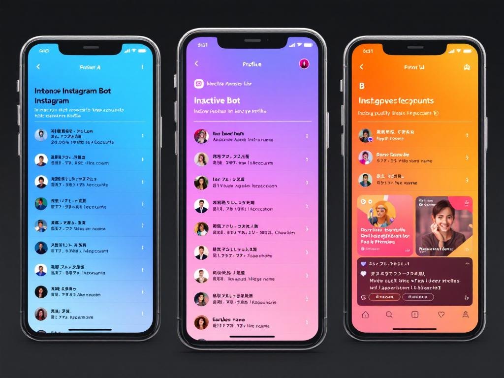 Three different smartphone screens displaying Instagram profile lists. Screen shows obvious bot a...