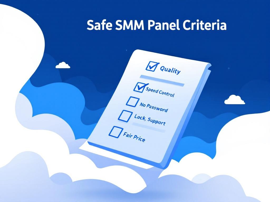 checklist infographic floating in air, titled 'Safe SMM Panel Criteria'. 5 check boxes with icons...