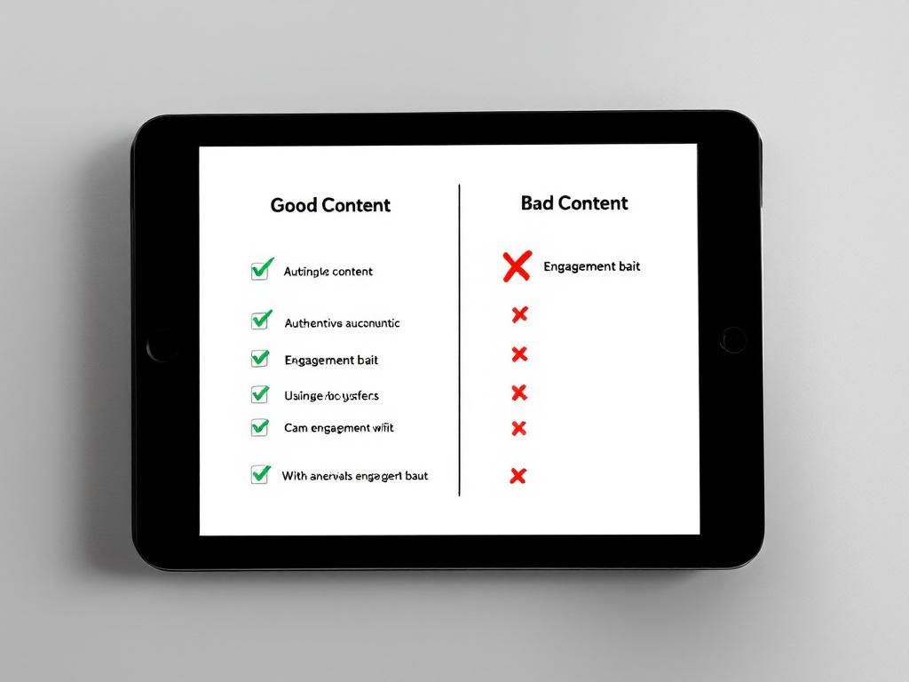 comparison checklist on tablet screen, left side showing 'Good Content' with green checks, right ...