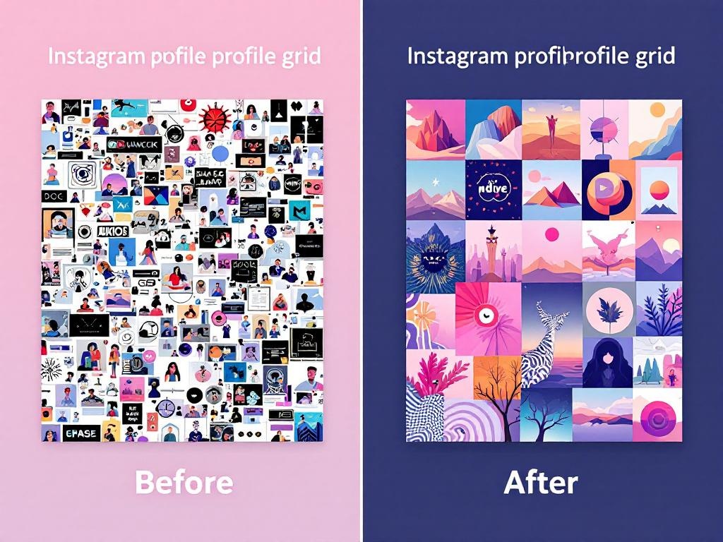 split screen comparison showing 'Before' and 'After' Instagram profile grid. left side is chaotic...
