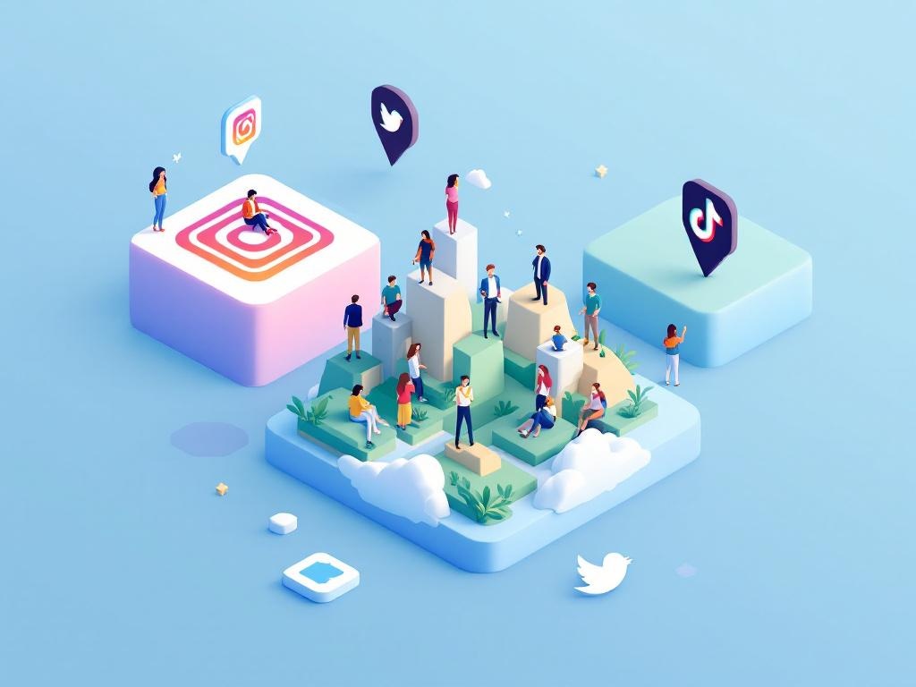 Isometric 3 different social media platforms (Instagram, X/Twitter, TikTok) represented as distin...