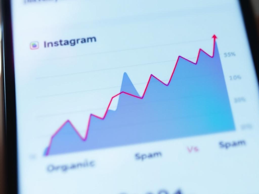 Close up smartphone screen showing Instagram insights graph with natural upward trend curve versu...