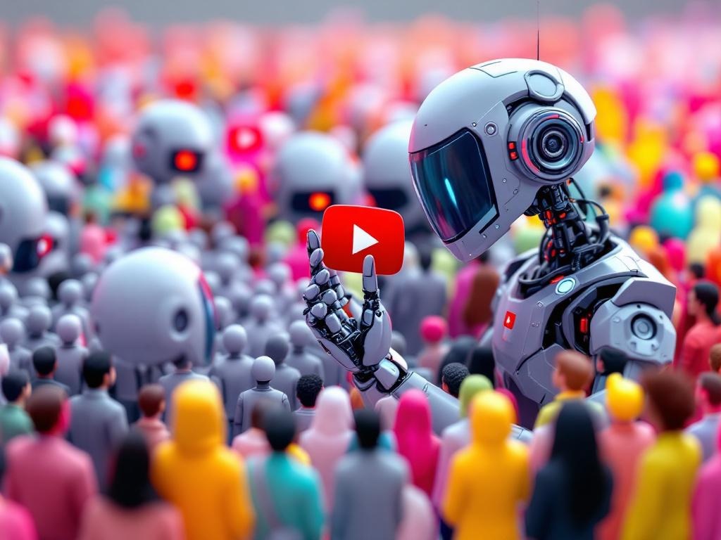 conceptual YouTube algorithm. robot AI filtering out 'fake bot traffic' represented by gray facel...