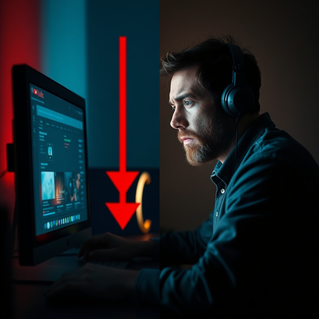 split screen . Left side: stressed YouTuber looking at computer screen with red downward arrow gr...