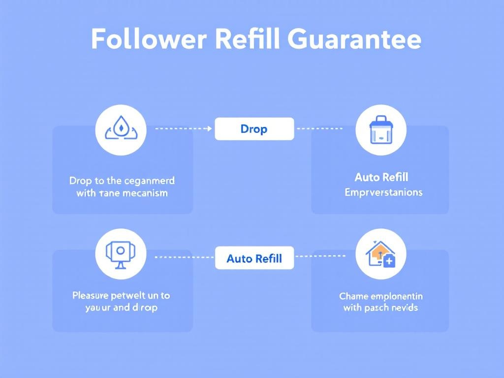Infographic showing mechanism 'Follower Refill Guarantee', comparison between 'Drop' and 'Auto Re...