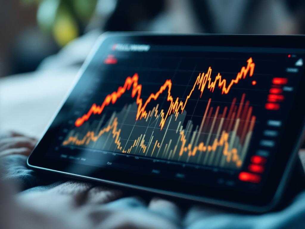 line graph on digital tablet showing sudden sharp drop in follower numbers, red indicators, symbo...