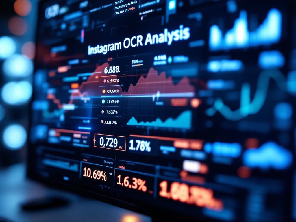 Close-up modern software interface on monitor displaying 'OCR Analysis' scanning Instagram user p...