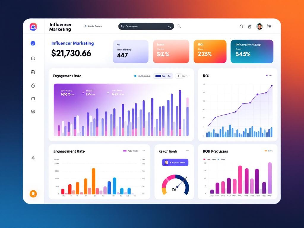 clean and modern dashboard UI showing influencer marketing analytics, with charts for engagement ...