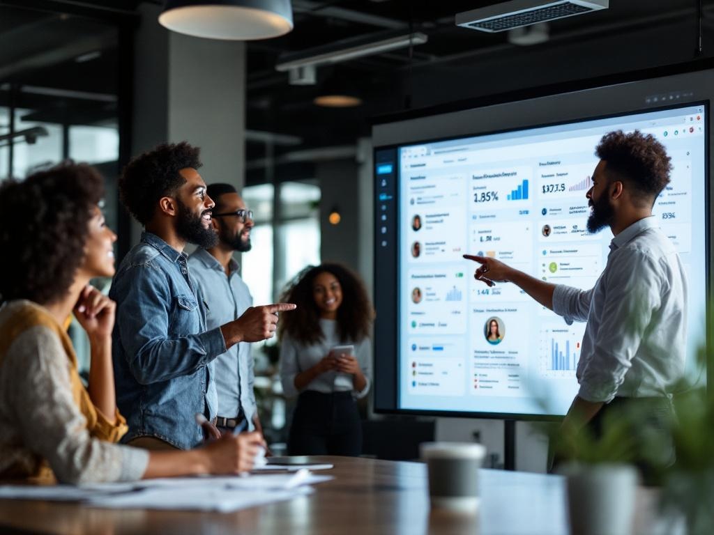diverse marketing team in modern office, gathered around large screen displaying influencer profi...