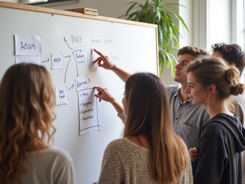 diverse group young creators brainstorming in creative studio, pointing at whiteboard with diagra...