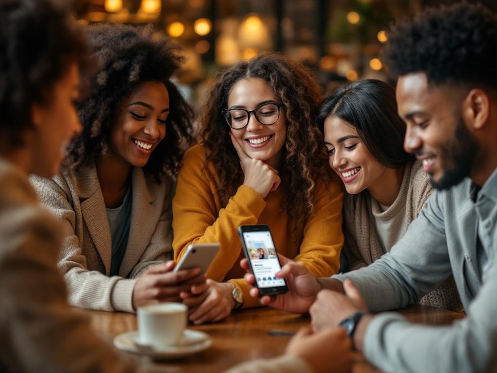diverse group people in cafe, all looking at their smartphones with expressions interest and enga...