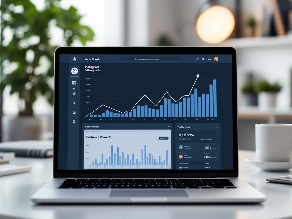 sleek, modern social media analytics dashboard on laptop screen, showing sharply rising follower ...