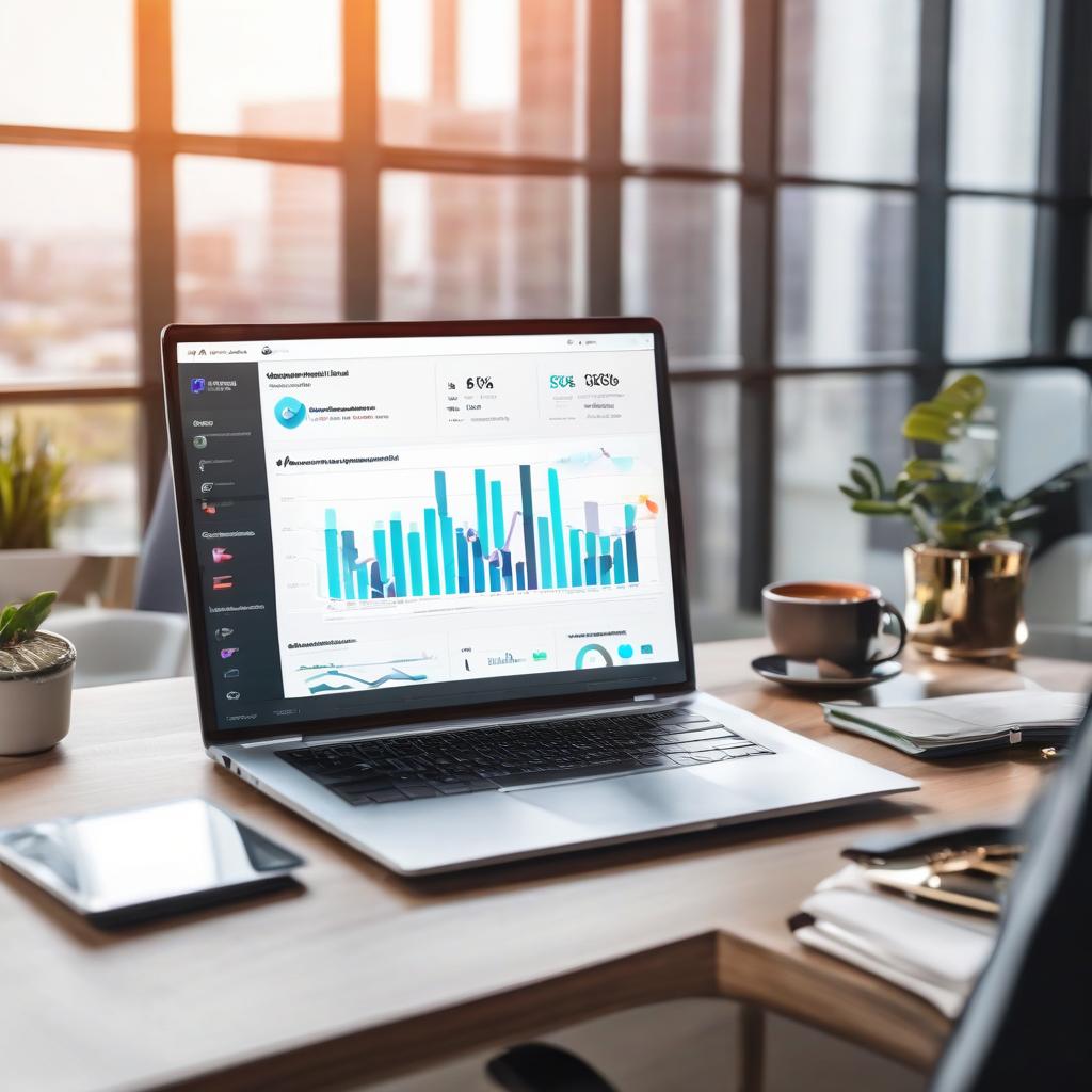 clean and modern dashboard social media analytics tool on laptop screen. chart shows upward trend...