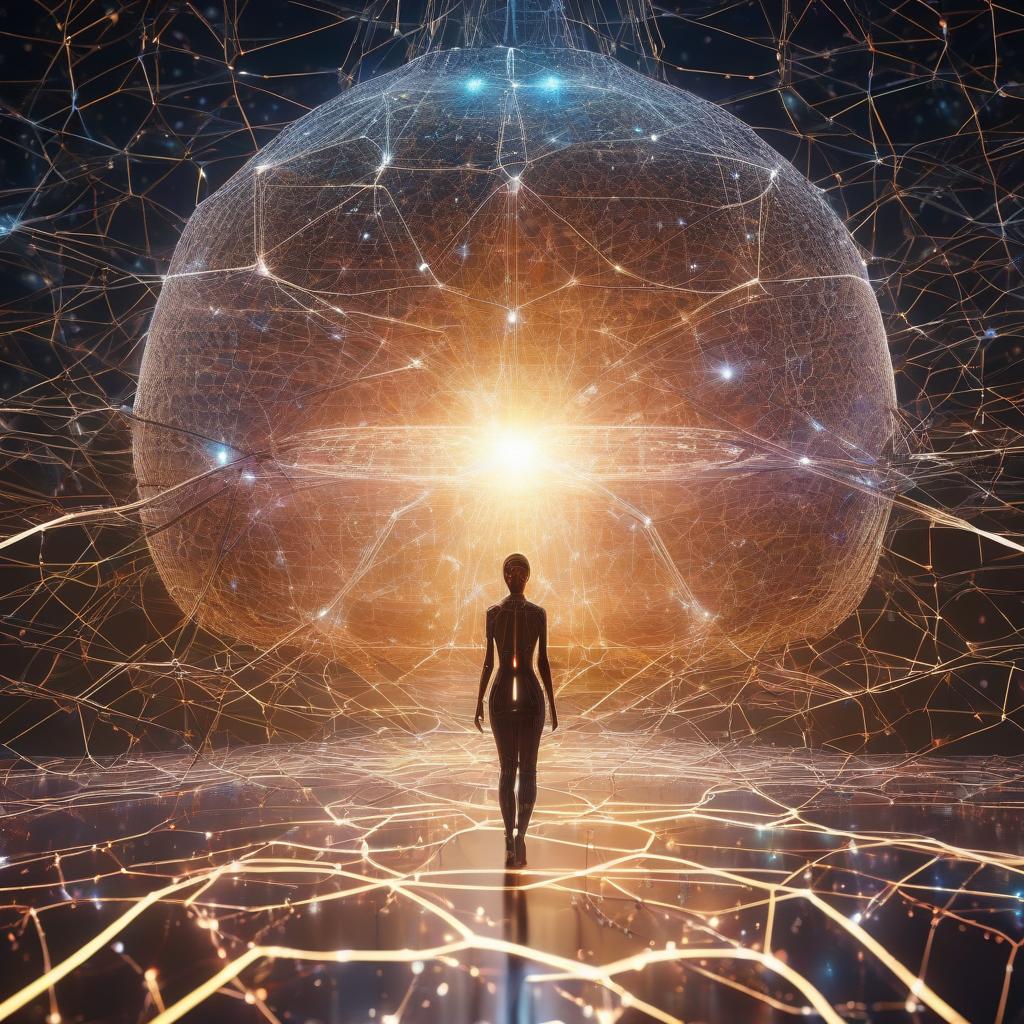 abstract, futuristic representing dawn new AI era, with glowing neural networks and data streams ...