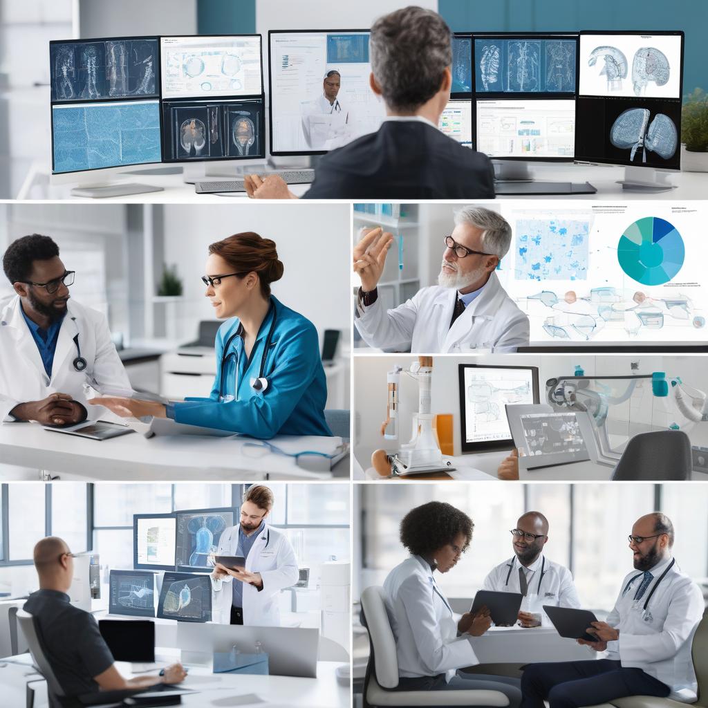dynamic collage showing AI assisting in various professional settings: doctor analyzing medical s...