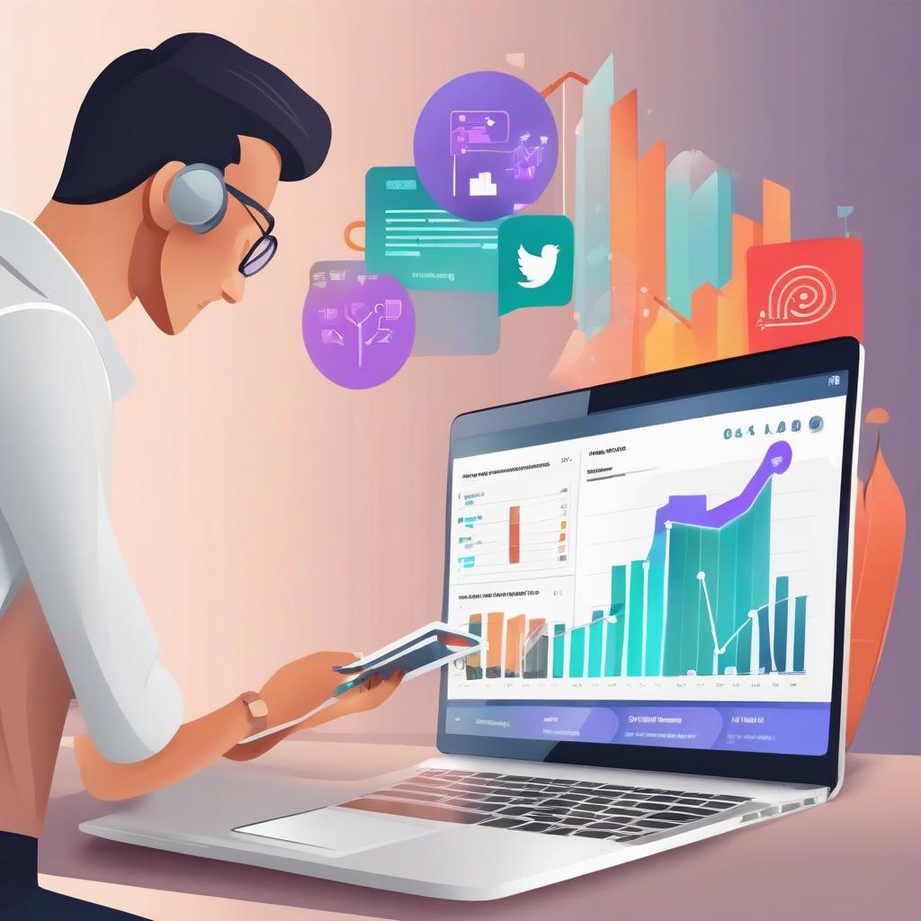 person looking at social media analytics dashboard on laptop, showing graphs follower growth and ...