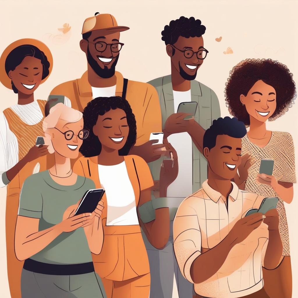 diverse group people happily using their smartphones to check social media. conveys sense communi...