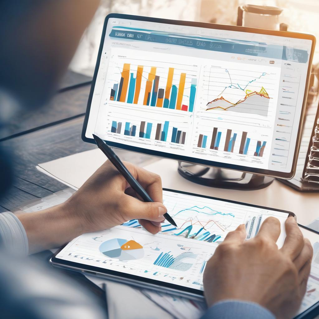 person intently studying tablet screen showing complex charts and data from X Analytics. They are...