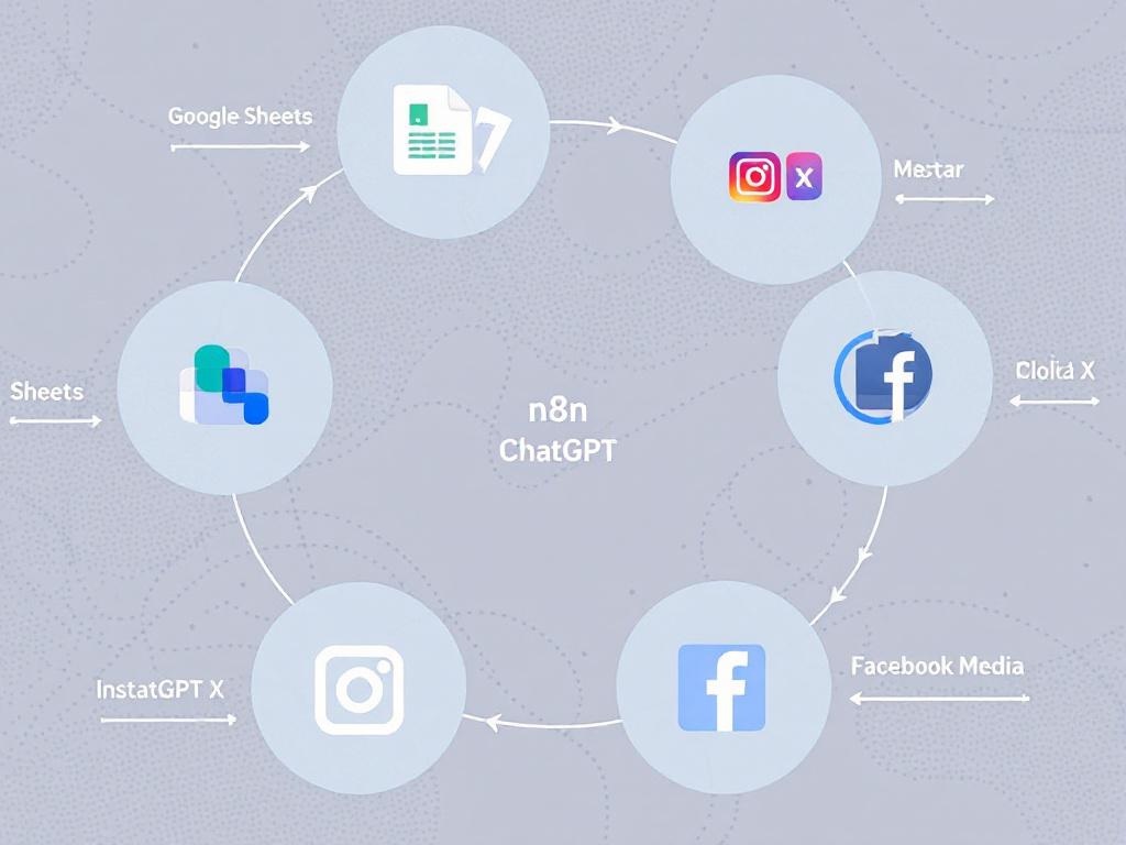 clean and modern infographic diagram showing workflow. Icons for Google Sheets, n8n, ChatGPT, and...