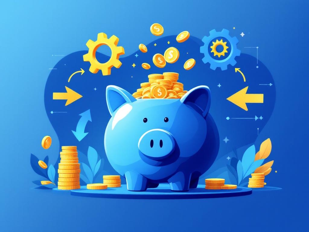 abstract symbolizing cost efficiency. large piggy bank with coins flowing into it, with gears and...