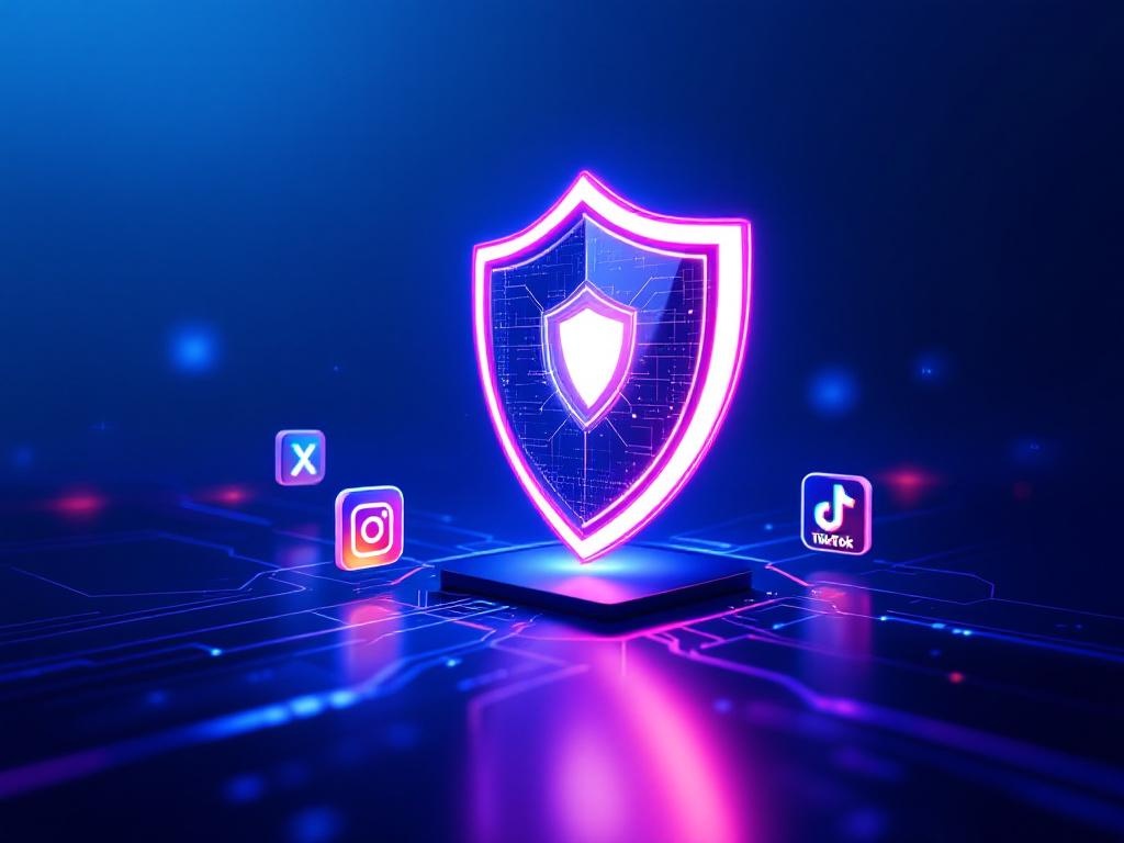 symbolic trust and security. large, glowing digital shield icon protecting smaller social media i...