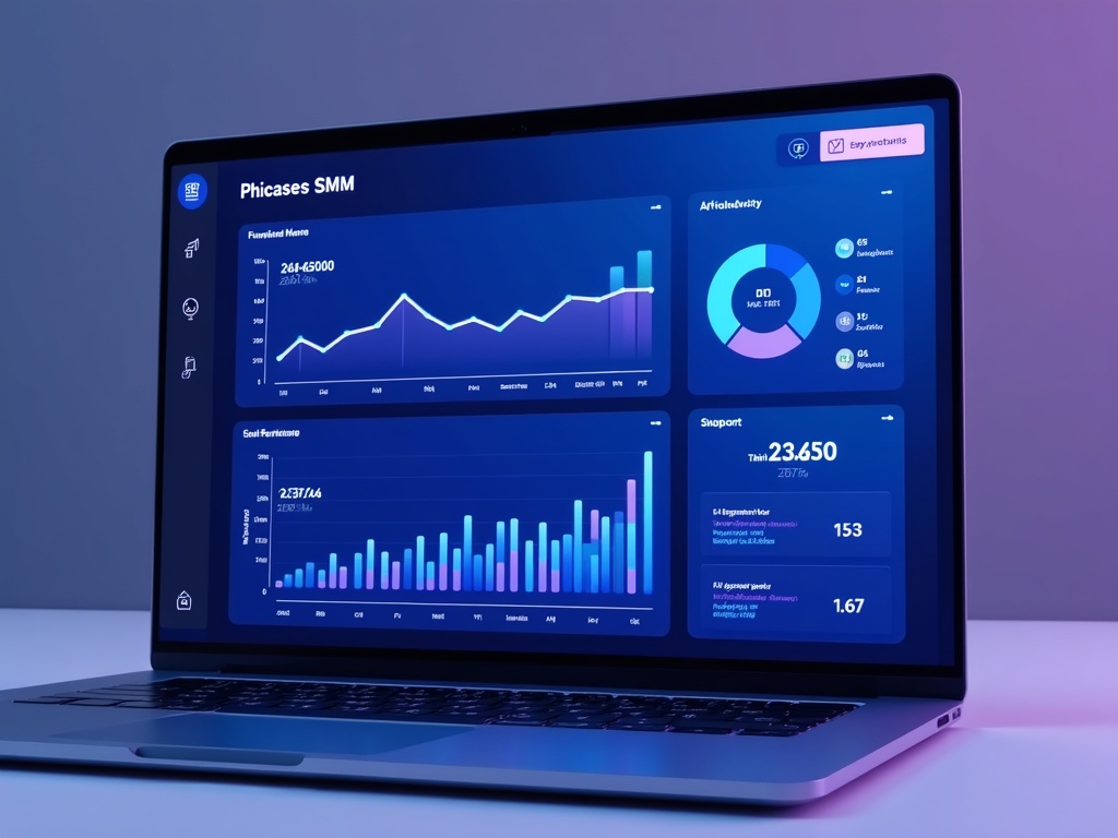 futuristic and clean dashboard interface for Social Media Marketing (SMM) Panel, showing graphs f...