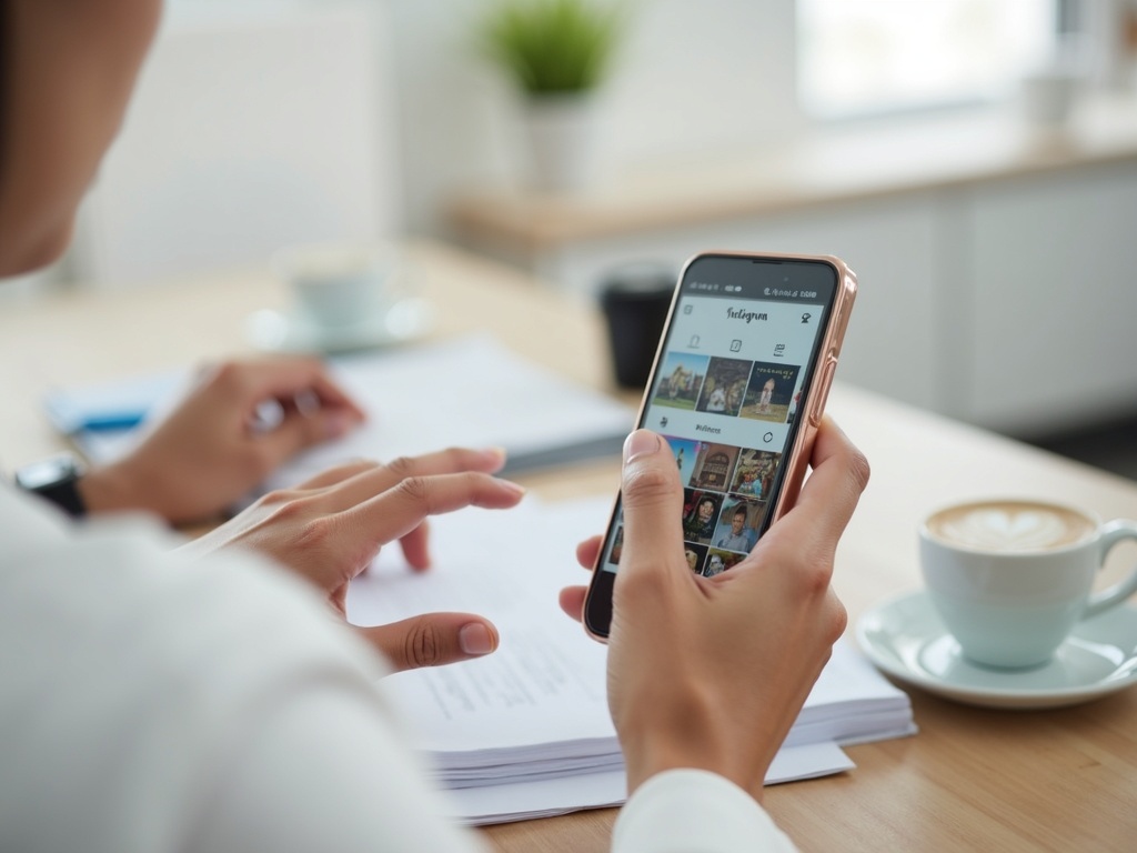 person's hands optimizing Instagram profile on smartphone. They are editing bio text and profile ...
