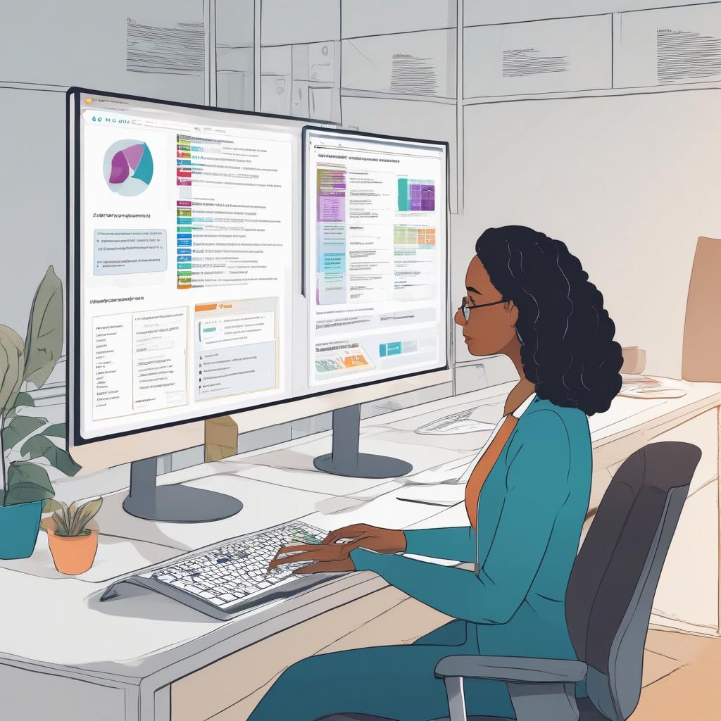 person carefully comparing five different software options on computer screen. screen shows check...