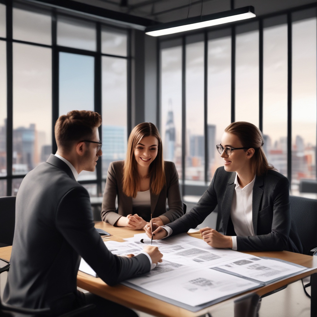 Marketing team collaborating on strategy, professional office, realistic