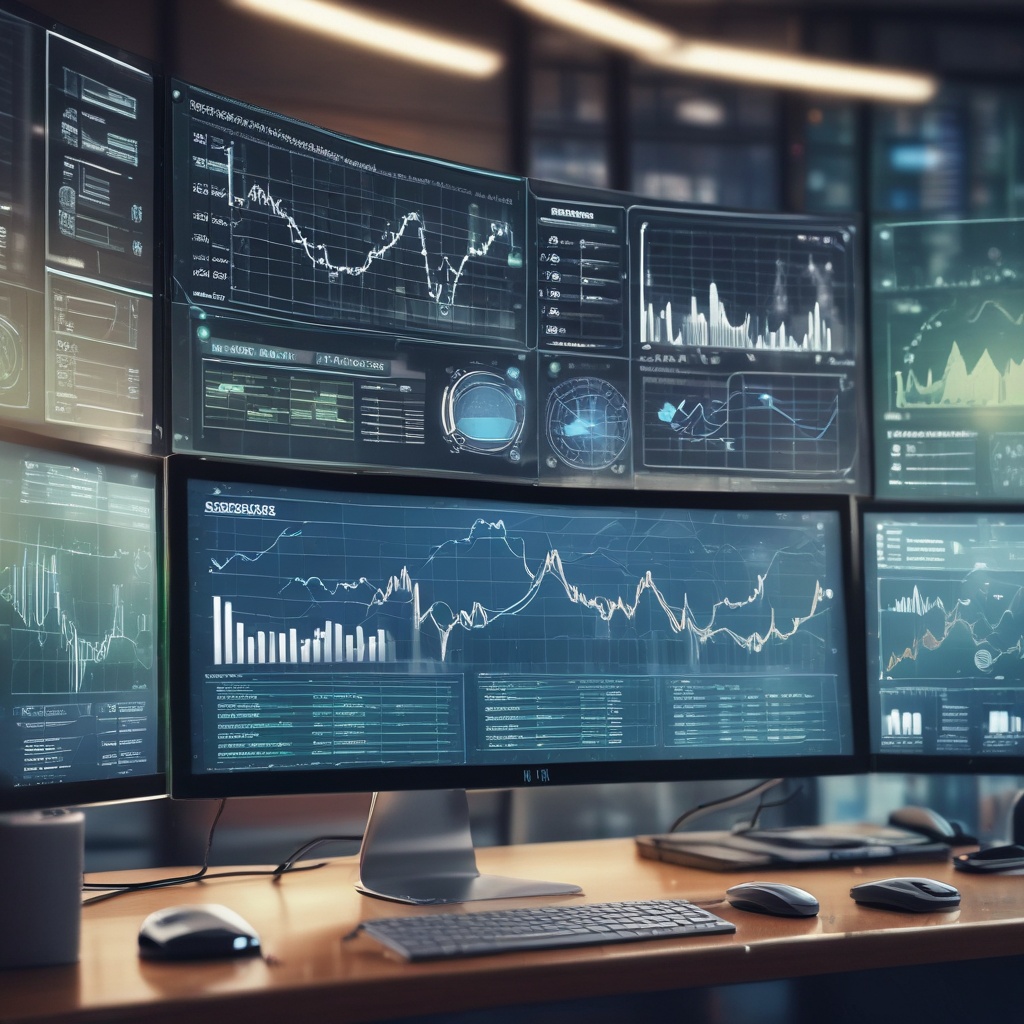 sophisticated, high-end user interface on curved glass monitor. screen displays seamless blend mu...