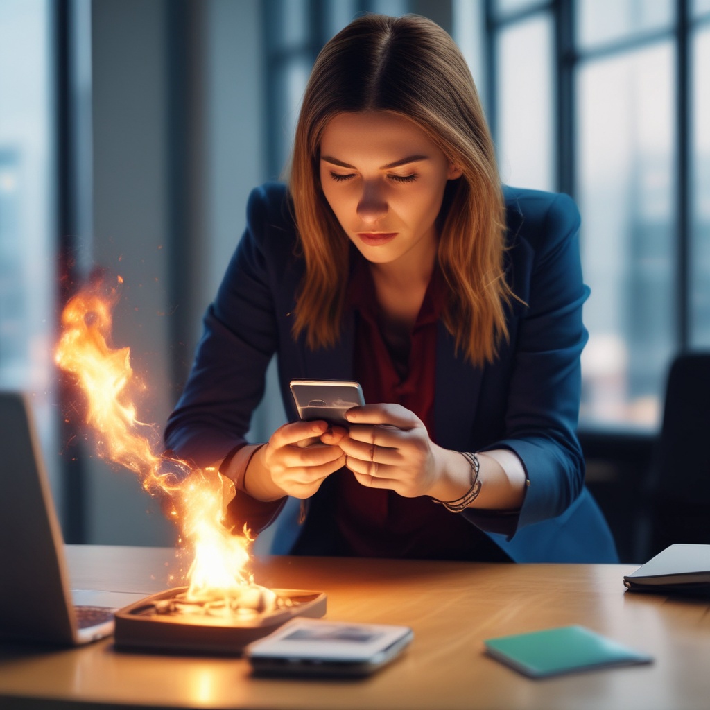 concerned SNS marketing manager looking at burning phone, symbolizing potential risks buying foll...