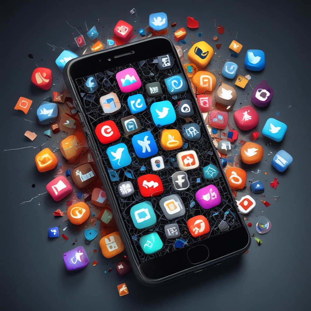 cracked smartphone screen with social media icons scattered around, symbolizing damaged trust and...