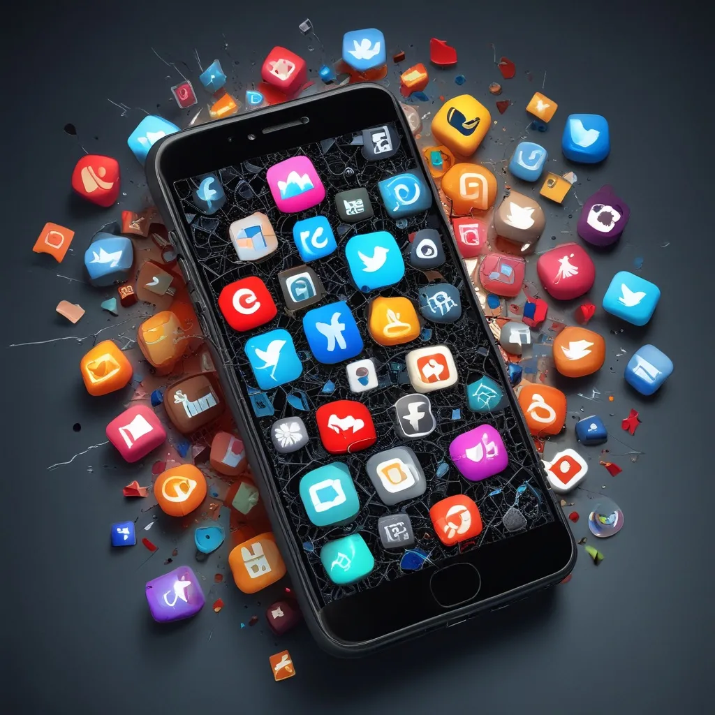 cracked smartphone screen with social media icons scattered around, symbolizing damaged trust and...