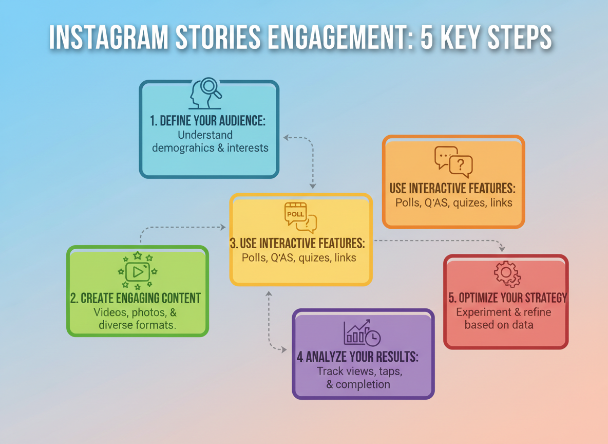 visually dynamic infographic illustrating five key steps to improve Instagram Stories engagement....
