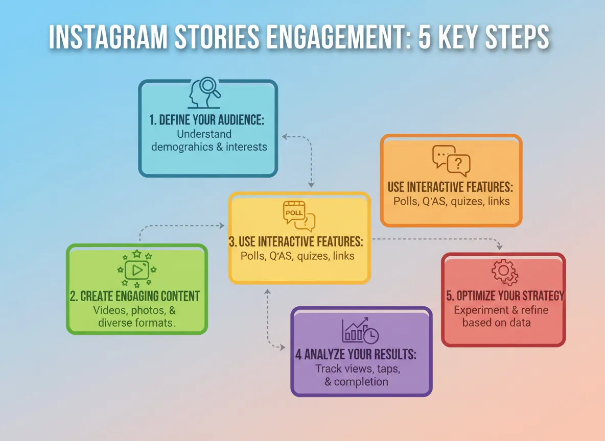 visually dynamic infographic illustrating five key steps to improve Instagram Stories engagement....