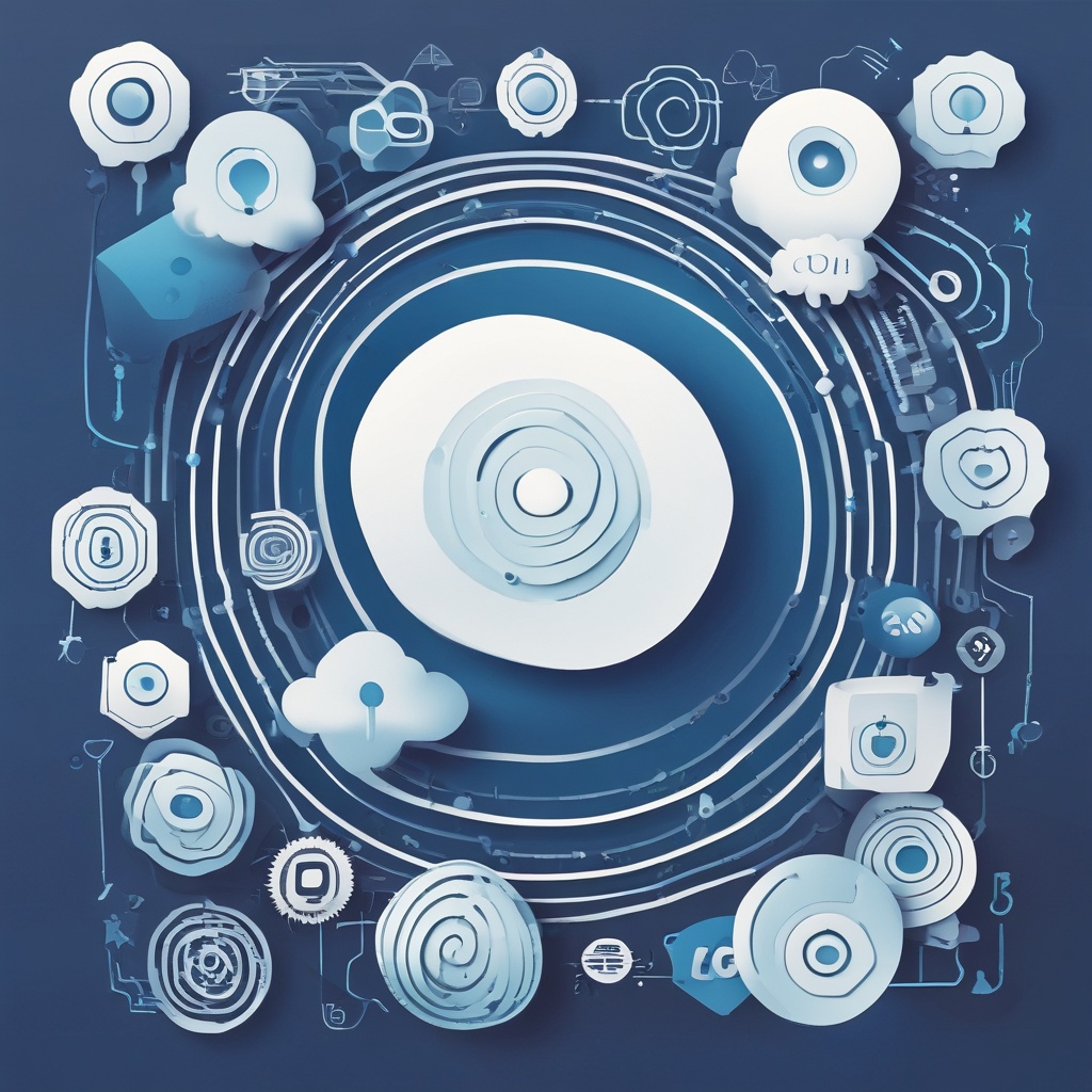 Background is gradient from light blue to white. In center, large text 