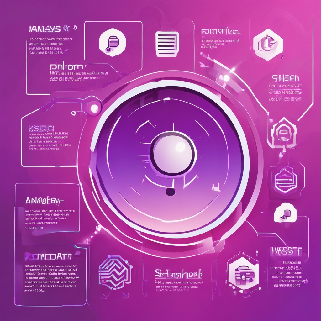 Background is gradient from purple to pink. In center, large text 