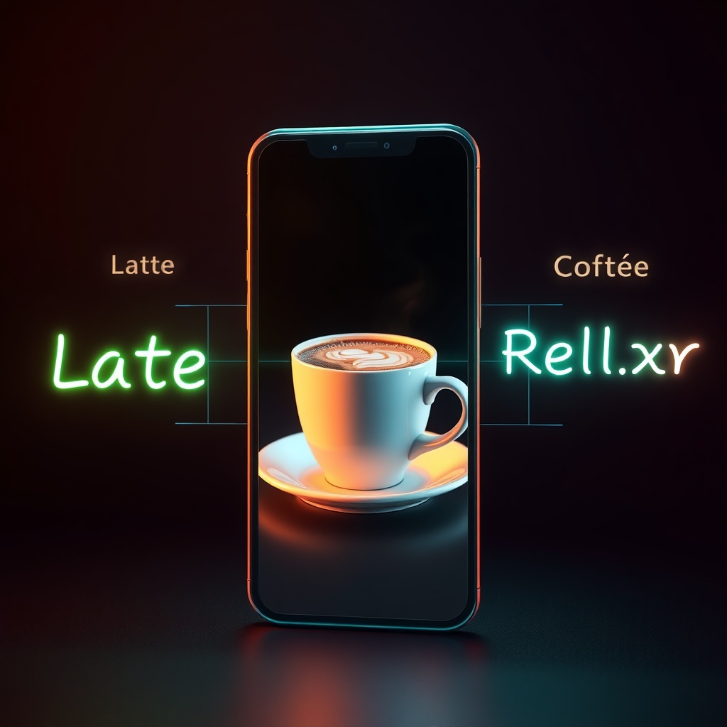 high-end commercial 3D render smartphone screen displaying coffee cup . futuristic scanning grid ...